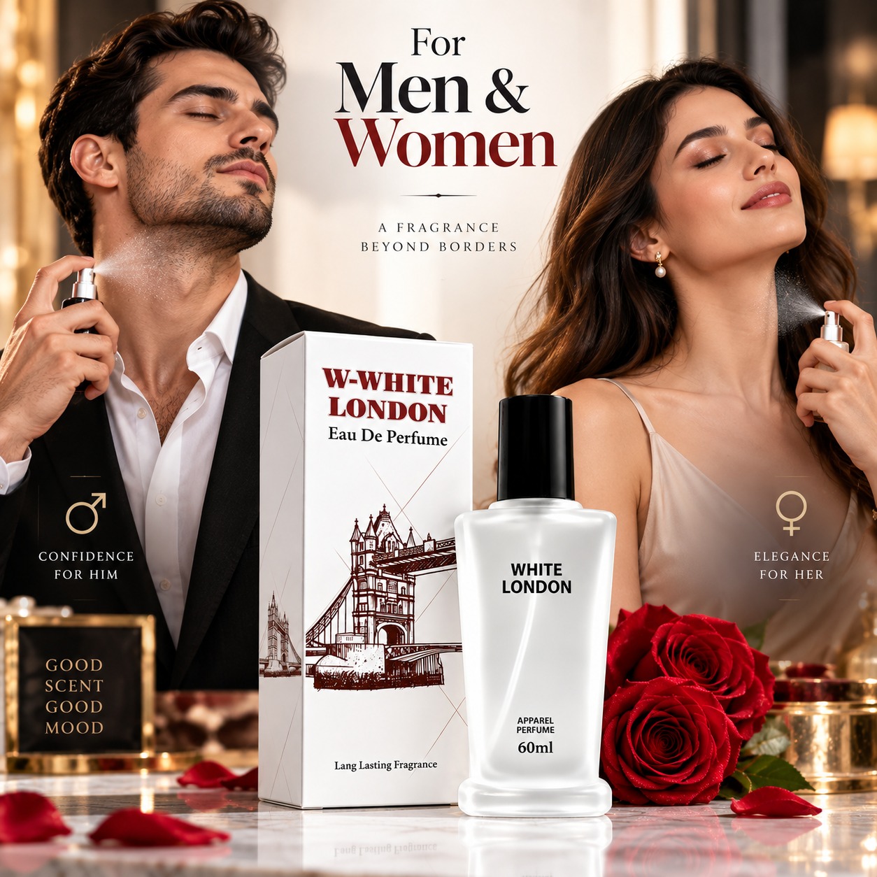 A man and a woman each spraying W-White London apparel perfume 60 ml on their necks