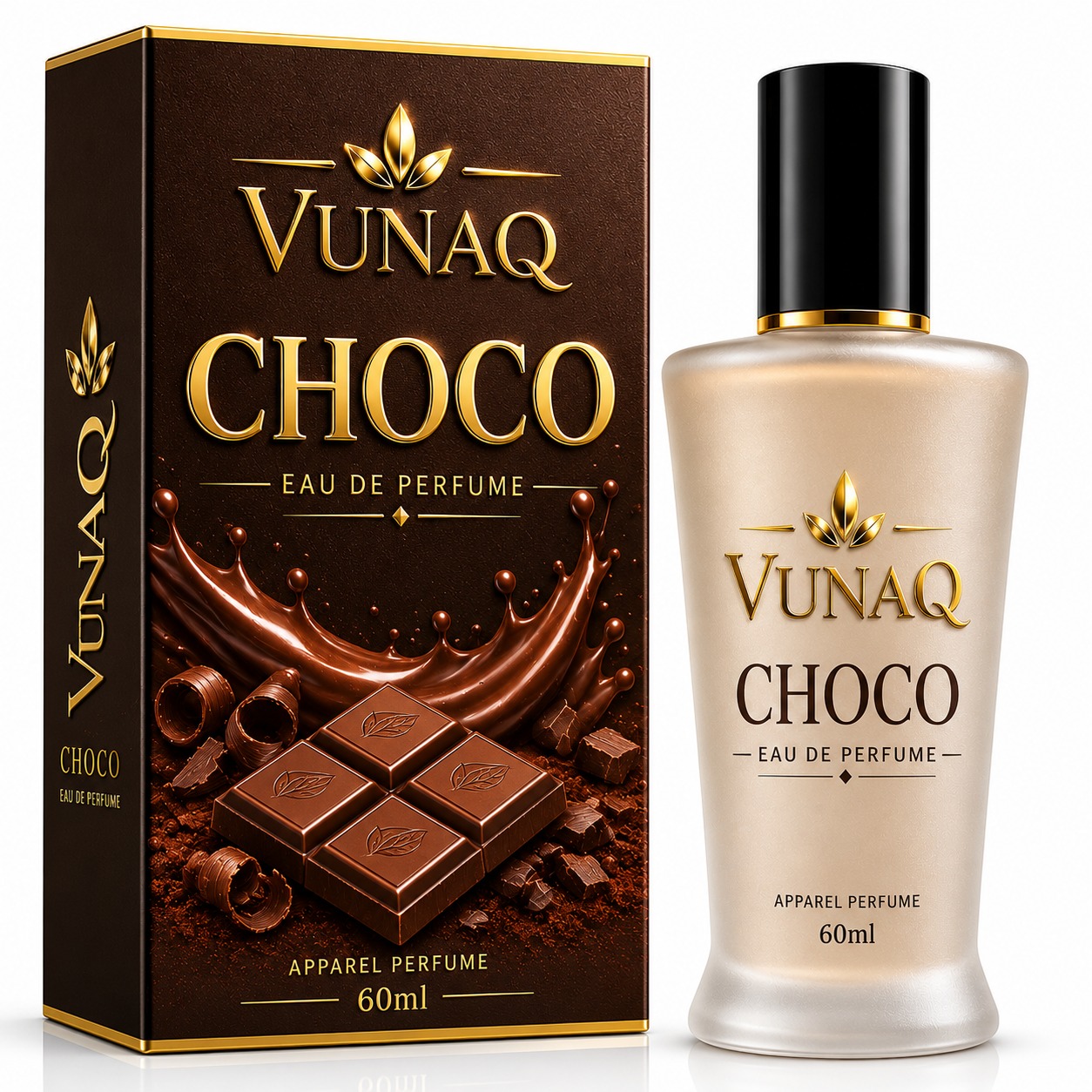 VUNAQ Choco eau de parfum 60 ml frosted champagne bottle with black cap beside its dark chocolate gift box printed with a chocolate bar
