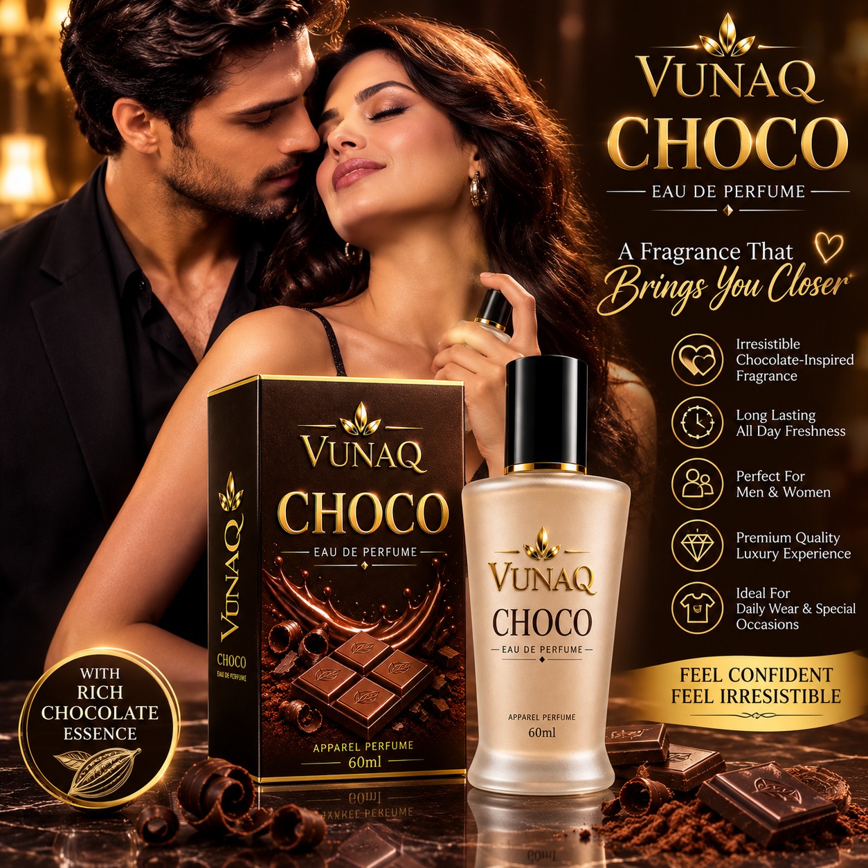 VUNAQ Choco 60 ml bottle and box on a dark marble table with chocolate squares and cocoa powder