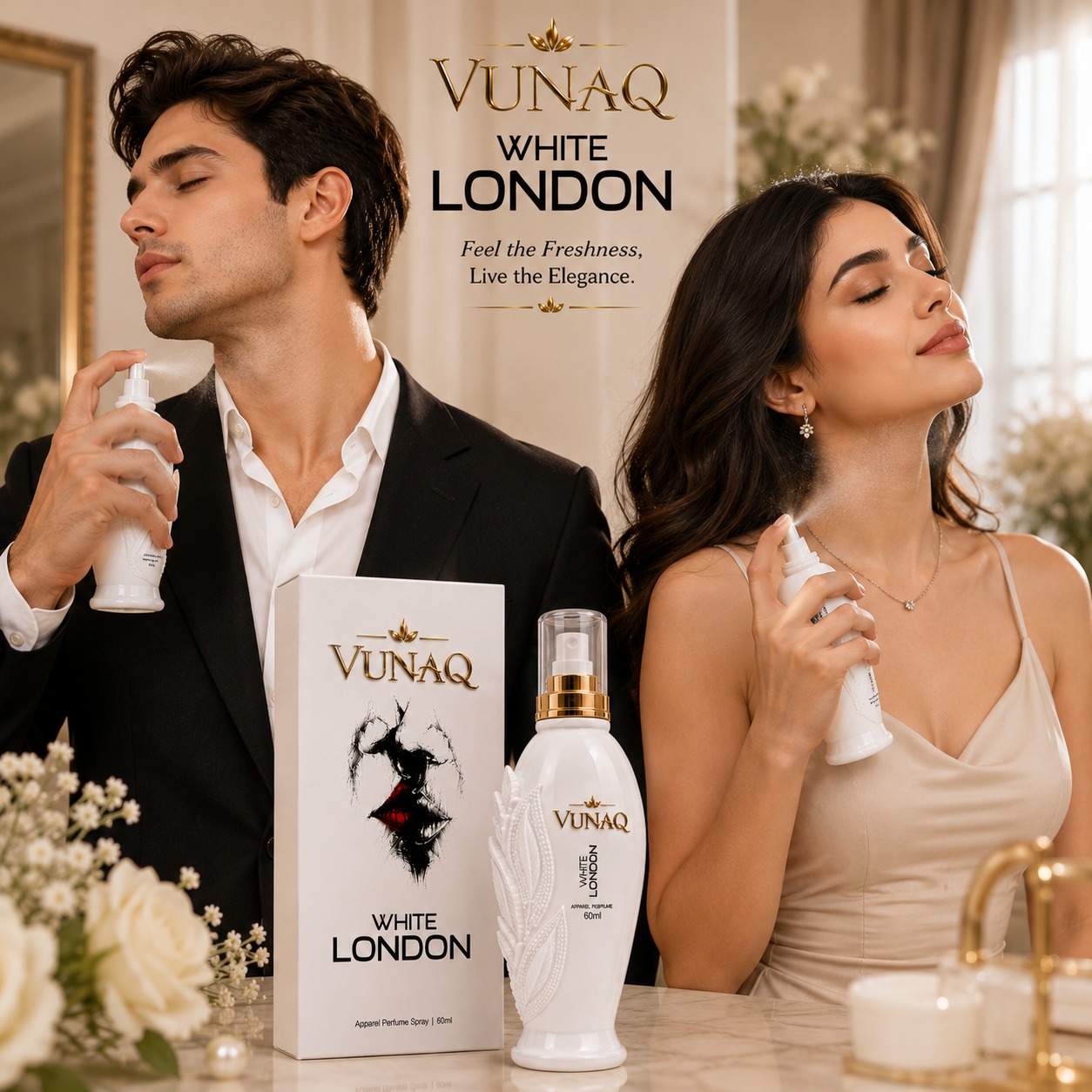 VUNAQ White London 60 ml bottle and gift box with a man and woman holding the perfume