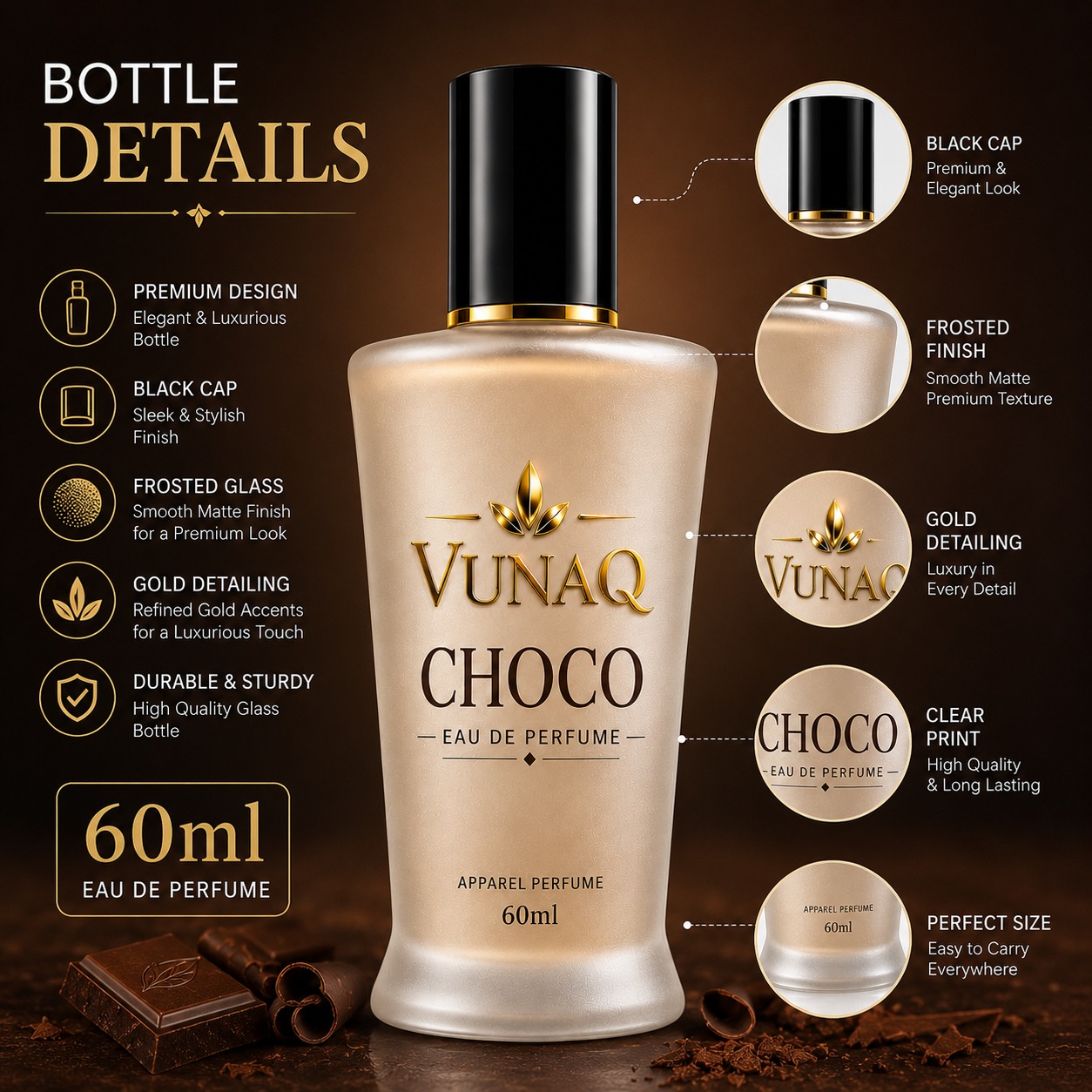 VUNAQ Choco 60 ml bottle detail: black cap, frosted matte glass and gold detailing, with chocolate squares and cocoa powder