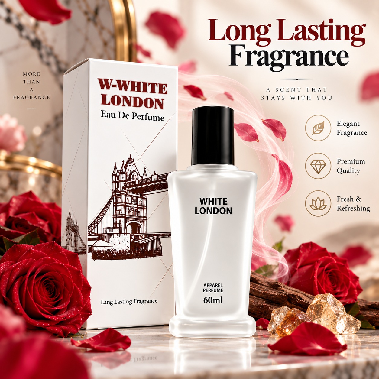 W-White London apparel perfume 60 ml frosted bottle with black cap beside its white Tower Bridge gift box