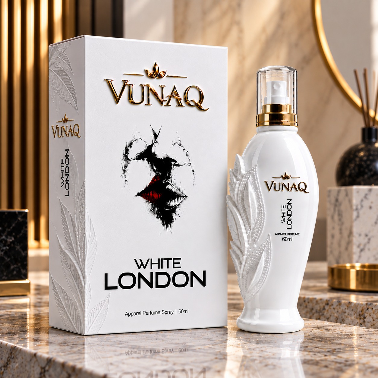 VUNAQ White London apparel perfume 60 ml white bottle and gift box on a marble counter