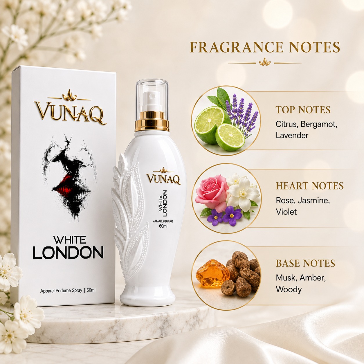 VUNAQ White London fragrance notes: citrus, bergamot and lavender; rose, jasmine and violet; musk, amber and woody