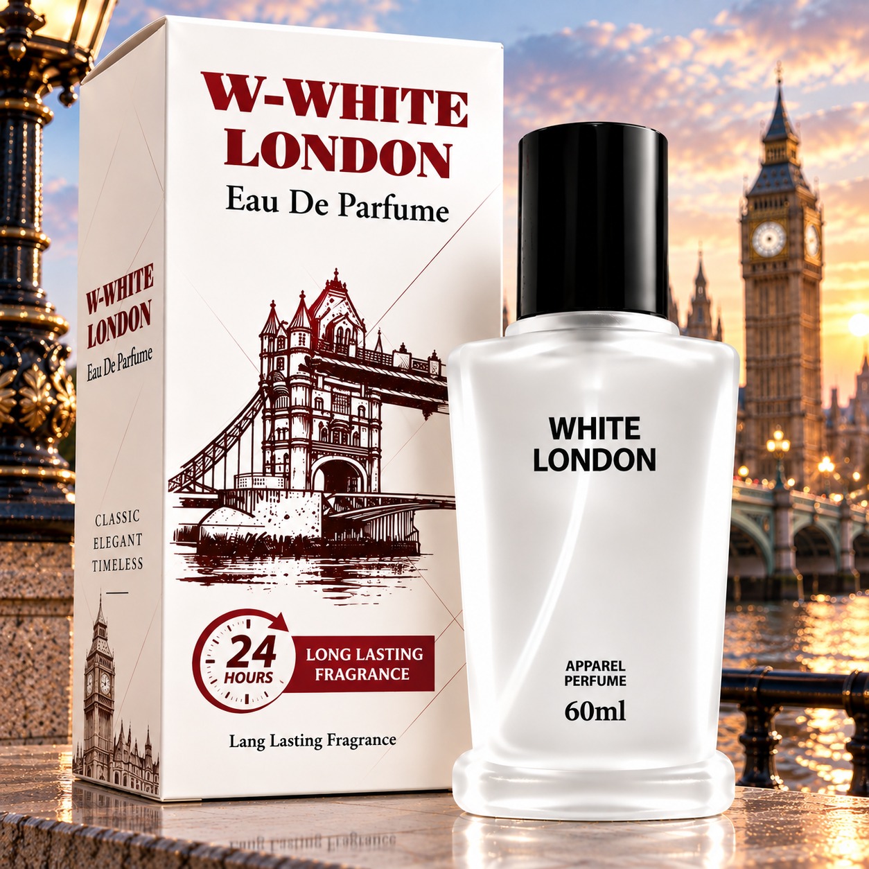 W-White London 60 ml bottle and box on a Thames-side railing with Big Ben at sunset